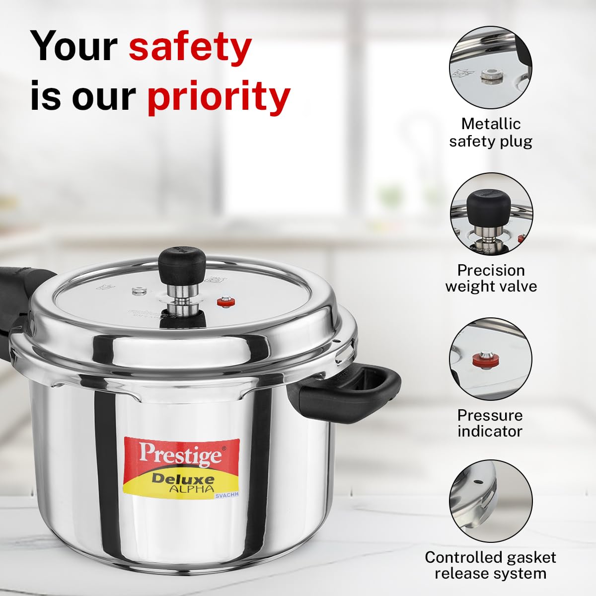 Prestige 6.5 Litre Stainless Steel Deluxe Alpha Svachh Outer Lid Pressure Cooker