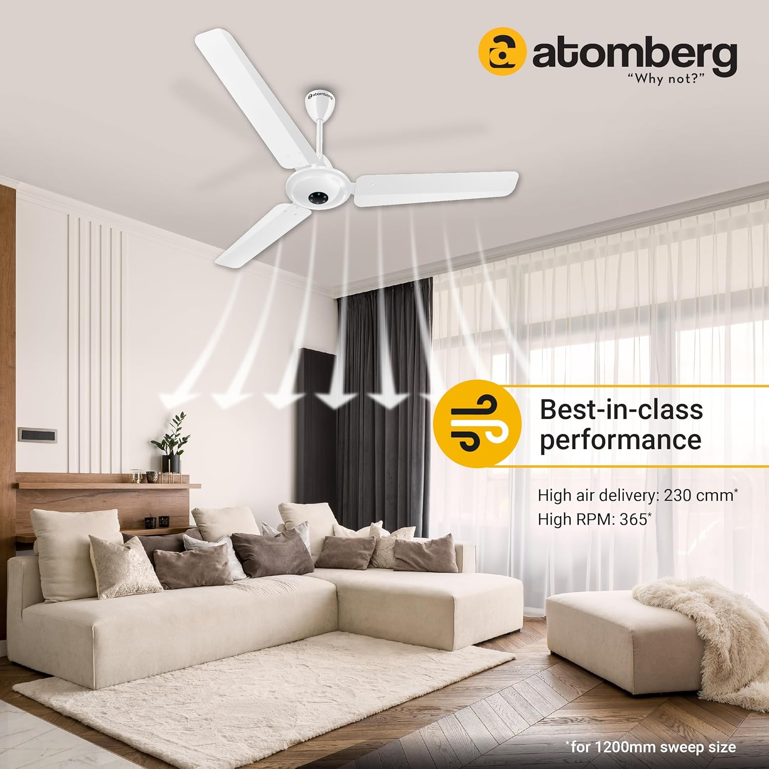 Atomberg Ikano 1200mm BLDC Ceiling Fan with Remote Control | BEE 5 star Rated Energy Efficient 