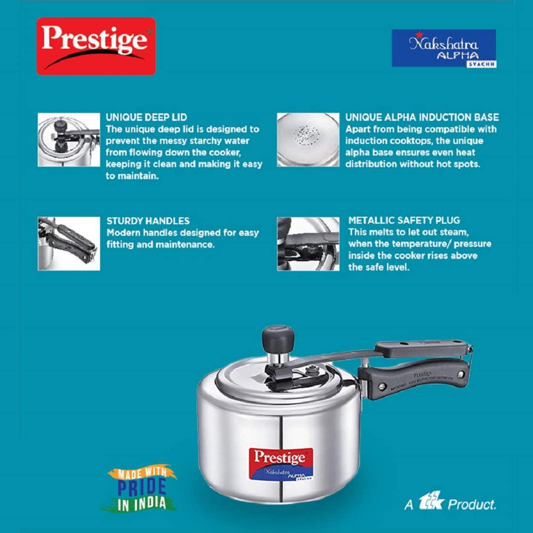 Prestige Svachh, 20244, 2 L, Nakshatra Alpha Straight Wall, With Deep Lid For Spillage Control 